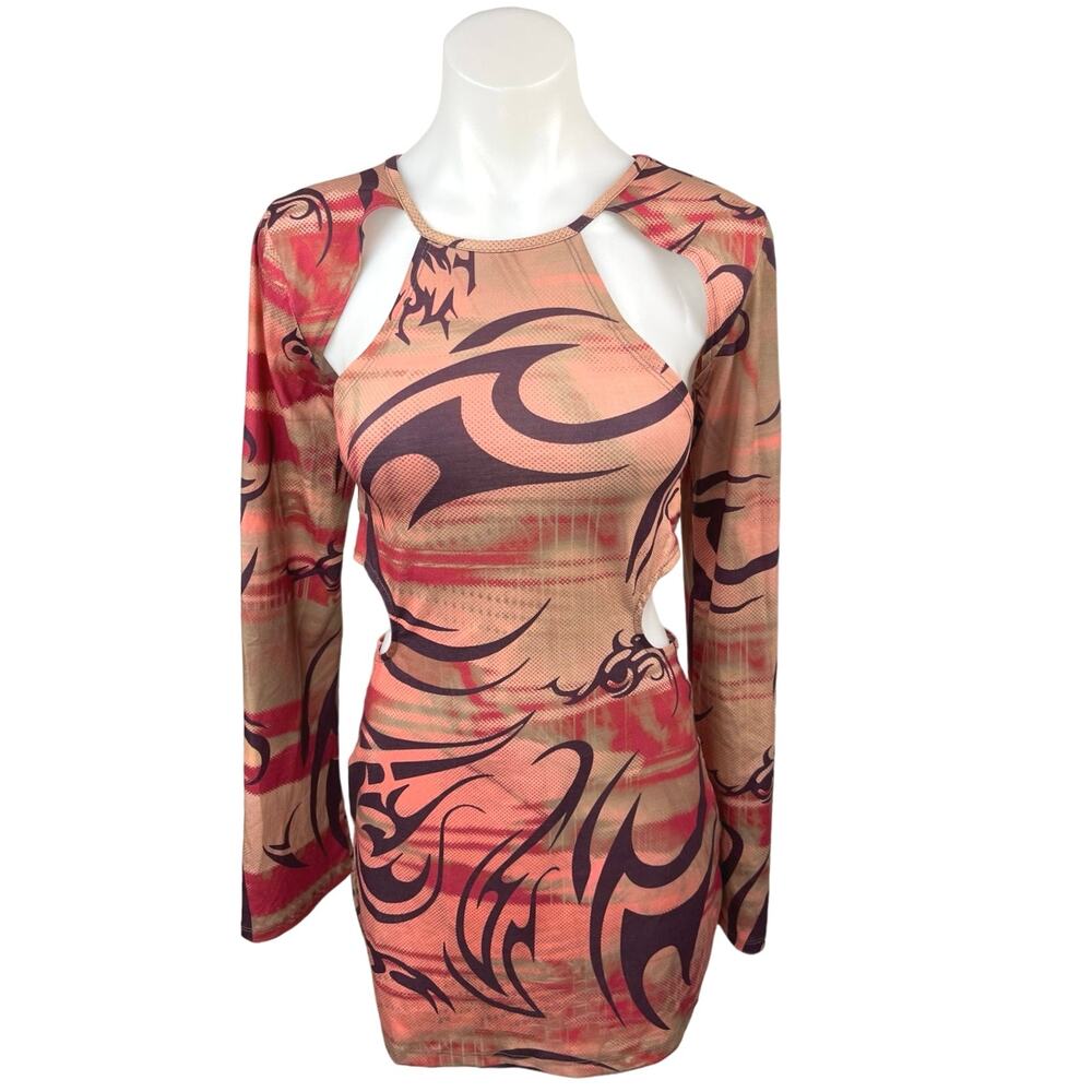 Jaded London Orange Multicolor Abstract Cut Out Long Sleeve Bodycon Dress Sz 10